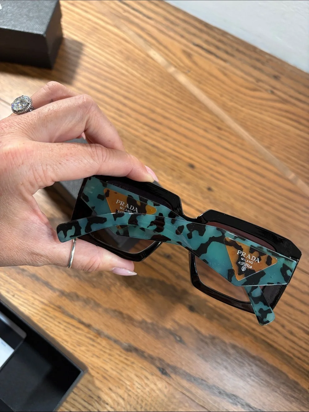 Prada Women’s Square Sunglasses with Turquoise Camo Temples